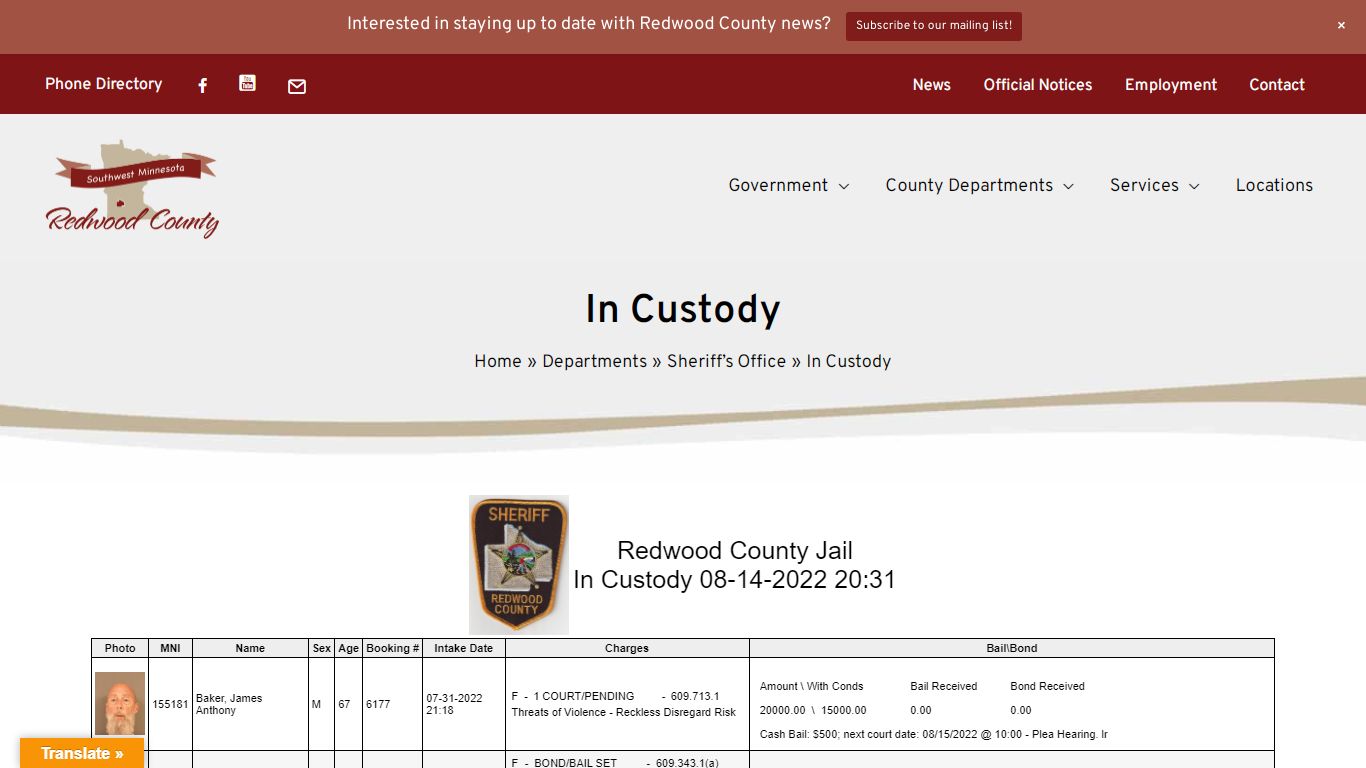In Custody - Redwood County, MN